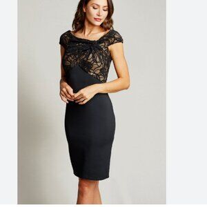 NWT Tadashi Shoji Chopin Asymmetric Lace Dress Black tan 6